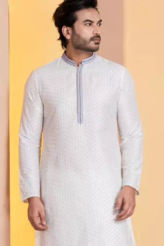 white silk blend kurta for men with printed work