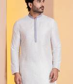white silk blend kurta for men with printed work