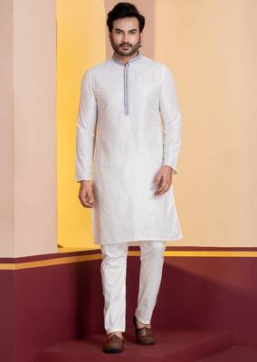 white silk blend kurta for men with printed work 2