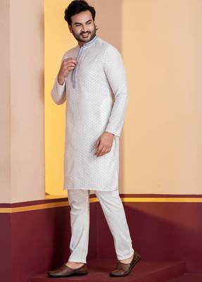 white silk blend kurta for men with printed work 3