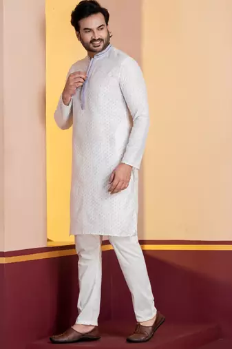 white silk blend kurta for men with printed work