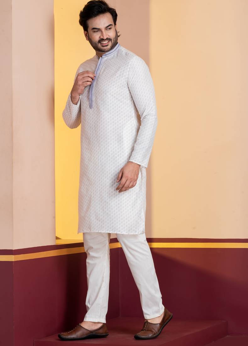 white silk blend kurta for men with printed work