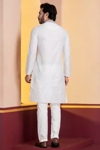 white silk blend kurta for men with printed work
