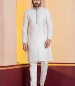 white silk blend kurta set for men with printed work
