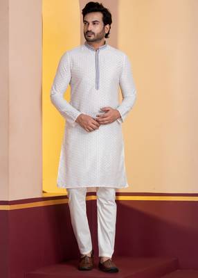 white silk blend kurta set for men with printed work 2