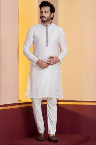 white silk blend kurta set for men with printed work
