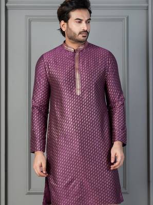 purple silk blend kurta for men with printed work 1