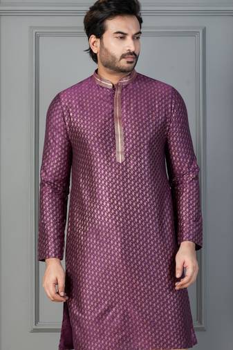 purple silk blend kurta for men with printed work
