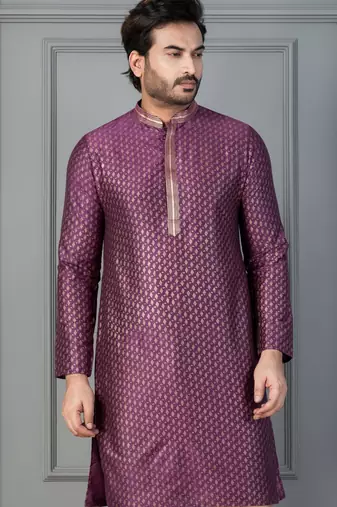 purple silk blend kurta for men with printed work