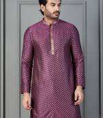purple silk blend kurta for men with printed work