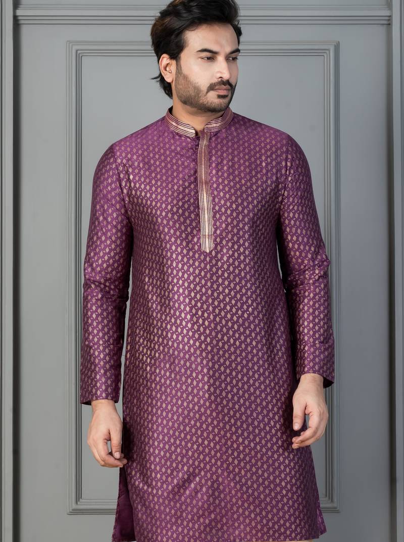 purple silk blend kurta for men with printed work