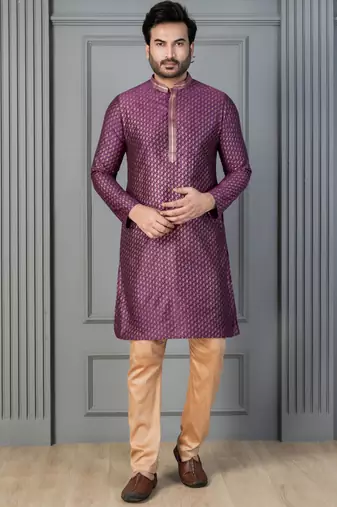 purple silk blend kurta for men with printed work