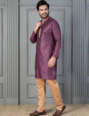 purple silk blend kurta for men with printed work 3