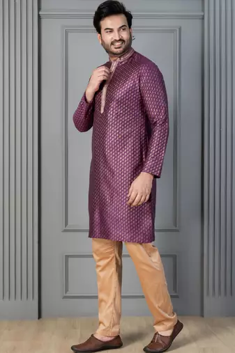 purple silk blend kurta for men with printed work