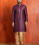purple silk blend kurta for men with printed work