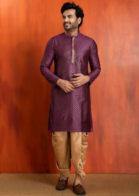 purple silk blend kurta dhoti set for men with printed work 1