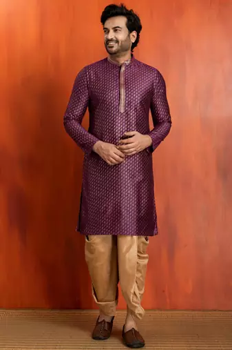purple silk blend kurta dhoti set for men with printed work