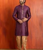 purple silk blend kurta dhoti set for men with printed work