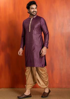 purple silk blend kurta dhoti set for men with printed work 2