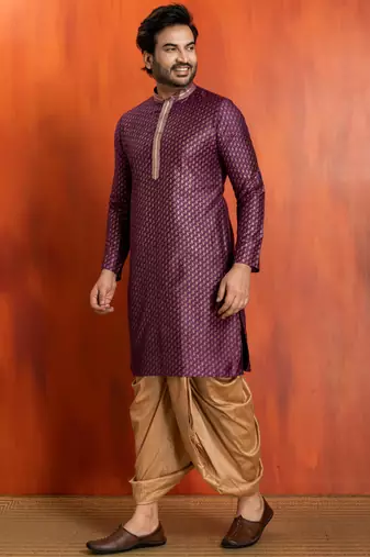 purple silk blend kurta dhoti set for men with printed work