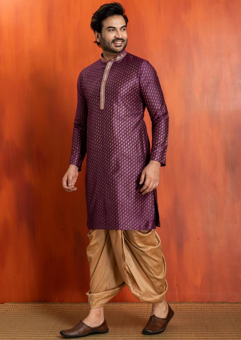 purple silk blend kurta dhoti set for men with printed work