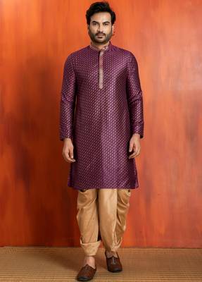 purple silk blend kurta dhoti set for men with printed work 3