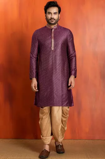 purple silk blend kurta dhoti set for men with printed work