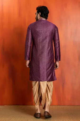 purple silk blend kurta dhoti set for men with printed work