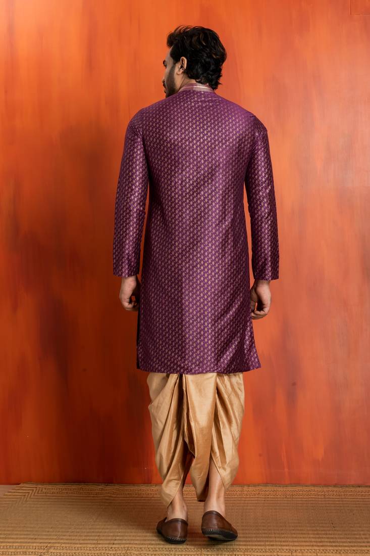 purple silk blend kurta dhoti set for men with printed work