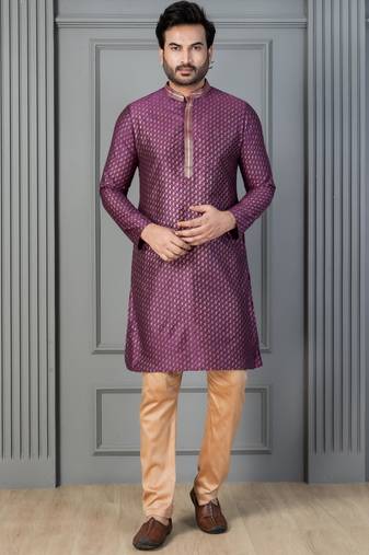 purple silk blend kurta payjajama set for men with printed work