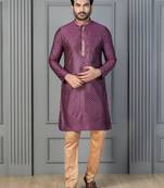 purple silk blend kurta payjajama set for men with printed work