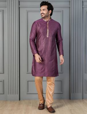 purple silk blend kurta payjajama set for men with printed work 2