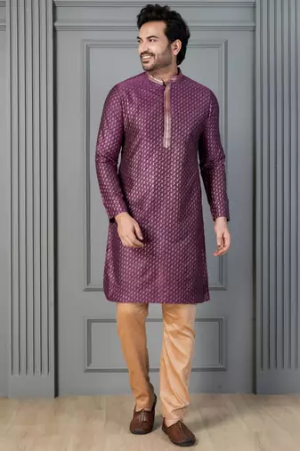 purple silk blend kurta payjajama set for men with printed work