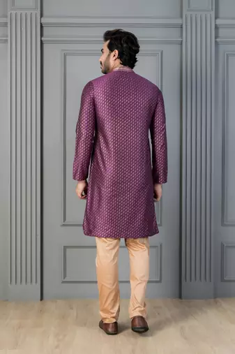 purple silk blend kurta payjajama set for men with printed work