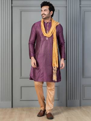 purple silk blend kurta payjama dupatta set for men with printed work 1