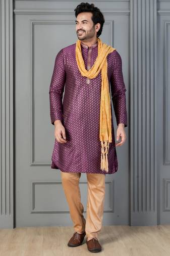 purple silk blend kurta payjama dupatta set for men with printed work
