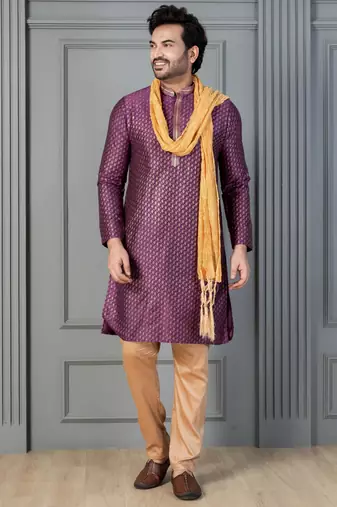 purple silk blend kurta payjama dupatta set for men with printed work