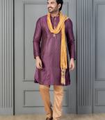 purple silk blend kurta payjama dupatta set for men with printed work