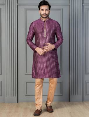 purple silk blend kurta payjama dupatta set for men with printed work 2