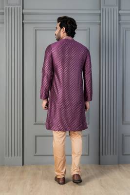 purple silk blend kurta payjama dupatta set for men with printed work 4