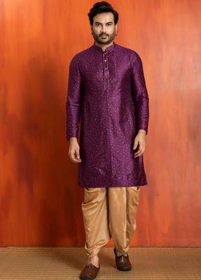purple silk blend kurta dhoti set for men with printed work 1