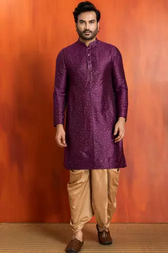 purple silk blend kurta dhoti set for men with printed work