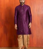 purple silk blend kurta dhoti set for men with printed work