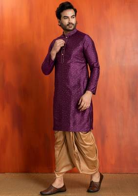 purple silk blend kurta dhoti set for men with printed work 2