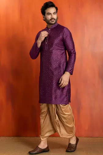 purple silk blend kurta dhoti set for men with printed work
