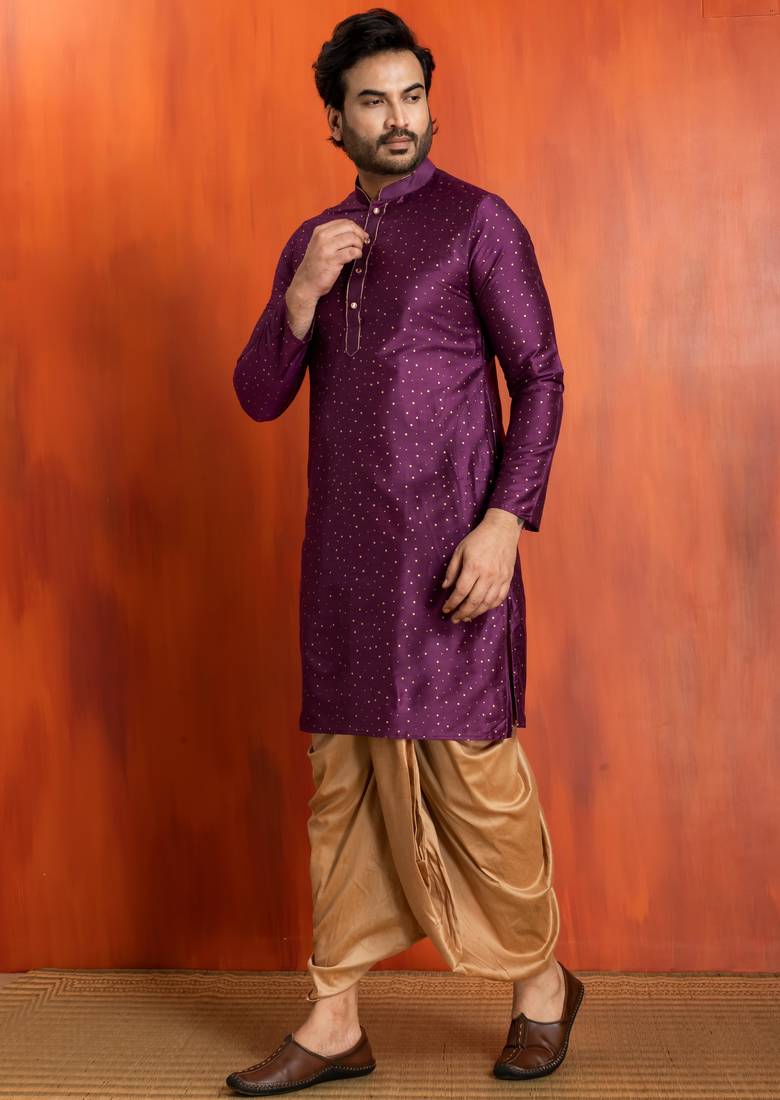 purple silk blend kurta dhoti set for men with printed work