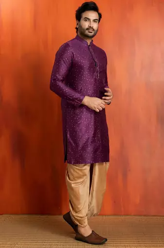 purple silk blend kurta dhoti set for men with printed work
