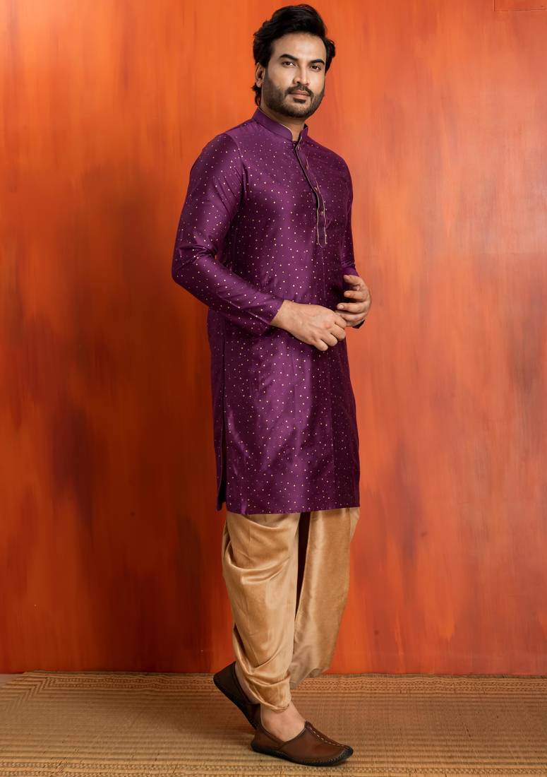 purple silk blend kurta dhoti set for men with printed work