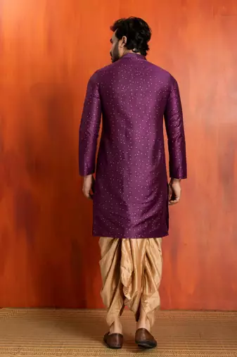 purple silk blend kurta dhoti set for men with printed work