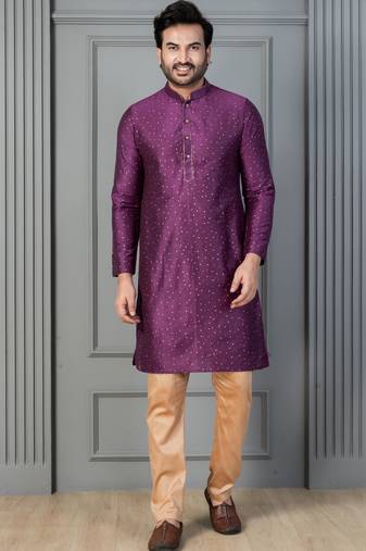 purple silk blend kurta payjajama set for men with printed work